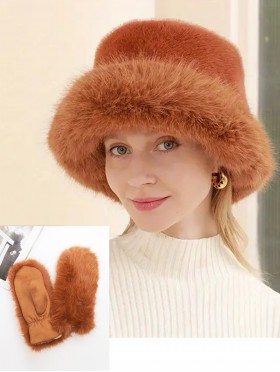 Solid Colour Fuzzy Hat with Brim and Mitten Set (HAT1338RST + GL128707DCAM)